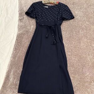 Elegant Navy Blue Polka Dot Dress